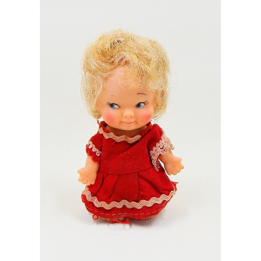 PeeWees Pocket Doll 1965 Uneeda UDCO Blue Eyes Blonde Hair Red Dress 3.5 Inches